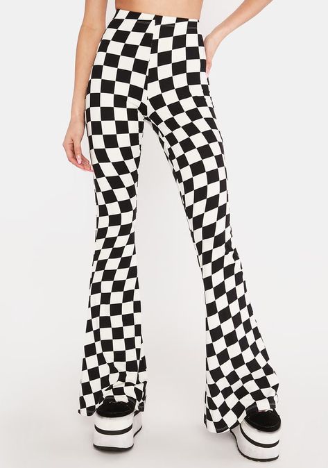 Wavy Checkerboard, Checker Board, Checkered Pants, Checkered Print, Trendy Street Style, Punk Outfits, Print Bodysuit, Bell Bottom, Denim Flares