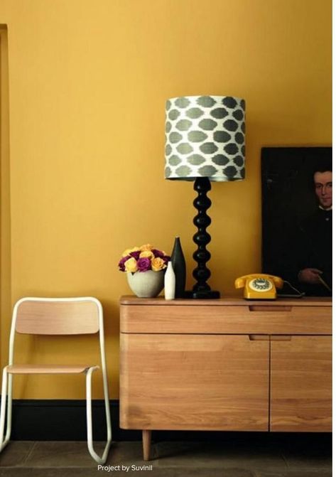 #ClippedOnIssuu from Color Trends 2020 HONEY YELLOW Coloured Skirting Boards, Wall Paint Combination, Pink Hallway, Mustard Yellow Paints, Yellow Painted Walls, Yellow Paint Colors, Mustard Walls, Yellow Room, Yellow Living Room