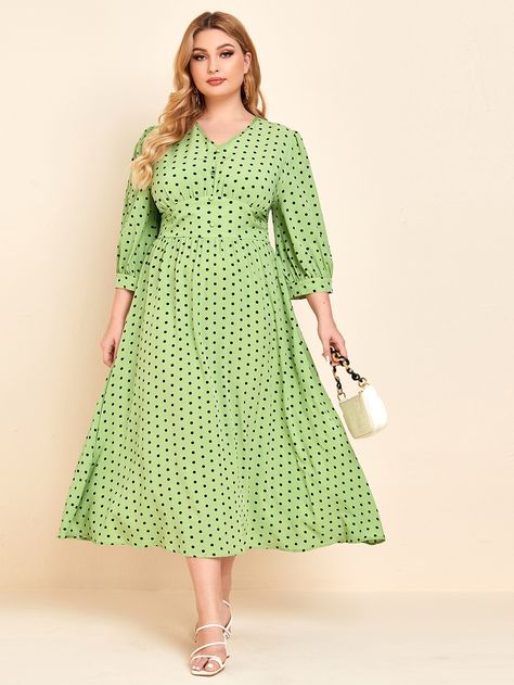 Plus Button Front Empire Waist Polka-dot Dress | SHEIN USA Long Frocks Design, Printed Long Frocks, Long Frock Designs, Frocks Design, Corset Waist, Long Frocks, Frock Design, Curvy Outfits, Western Dresses