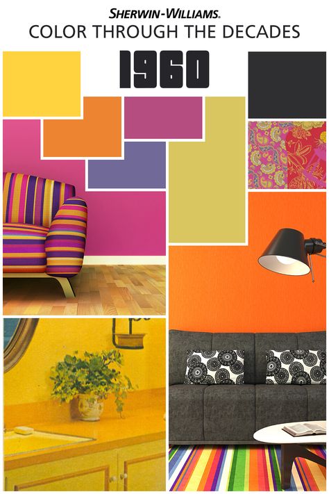 We’re celebrating our 150th anniversary by taking a look back at color throughout the decades. Loved the 1960s? So did we! Paisleys met geometrics, boldly marking the decade of peace, love and rock ‘n’ roll. Want to add  a bit of this bright, modern palette to your home? Try Navel SW 6887, Daisy SW 6910, Exuberant Pink SW 6840 and Forget Me Not SW 6824. Vintage Colour Palette, Modern Palette, Retro Color Palette, Mid Century Interior, Sherwin Williams Colors, Through The Decades, Colour Board, Colorful Furniture, Retro Color