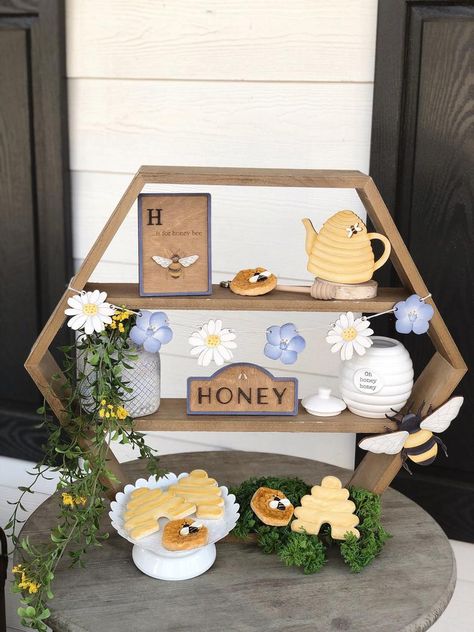 Honey Bee Tiered Tray Set Bumble Bee Farmhouse Tiered Tray | Etsy Honey Decorations, Bee Centerpiece Ideas, Vintage Winnie The Pooh Shower Ideas, Bee Hive Decor, Diy Bees, Honey Party, Bee Party Decorations, Bee Tiered Tray, Bumble Bee Decorations