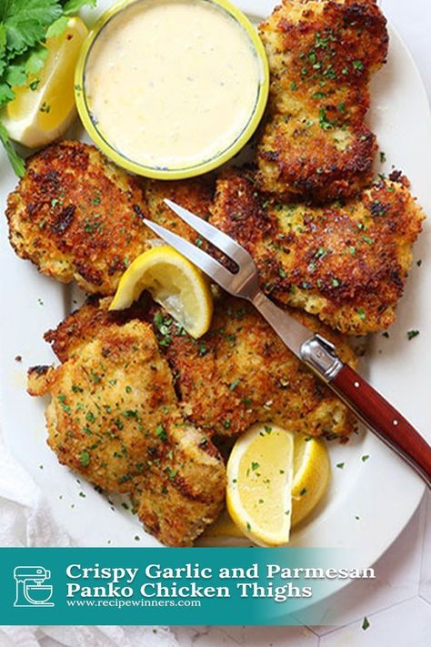 Chicken Panko Recipes, Chicken Thigh Parmesan Recipe, Panko Chicken Thighs, Hot Fried Chicken Recipe, Parmesan Chicken Thighs, Breaded Chicken Thighs, Panko Recipes, Chicken Thighs In Oven, Garlicky Chicken