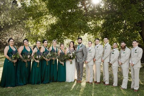 Sage Green Wedding Bridesmaid, Khaki Groomsmen, Wedding Party Colors, Emerald Wedding Colors, Emerald Green Wedding Theme, Gold Bridal Party, Forest Green Wedding, Green Wedding Suit, Emerald Green Bridesmaid Dresses