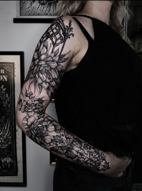 Gothic Trad Tattoo, Gothic Architecture Tattoo Sleeve, Gothic Floral Tattoo Sleeve, Gothic Arm Sleeve Tattoo, Gothic Botanical Tattoo, Baroque Tattoo Sleeve, Gothic Sleeve Tattoos For Women, Gothic Forearm Tattoo, Goth Back Tattoo