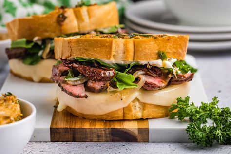 Steak Sandwiches with Cowboy Butter - Savory Experiments Cowboy Burgers, Chicken Panini Sandwiches, Cowboy Butter, Garlic Aioli Recipe, Panini Recipes Chicken, Chicken Panini, Grilled Broccoli, Steak Sandwiches, Panini Sandwich