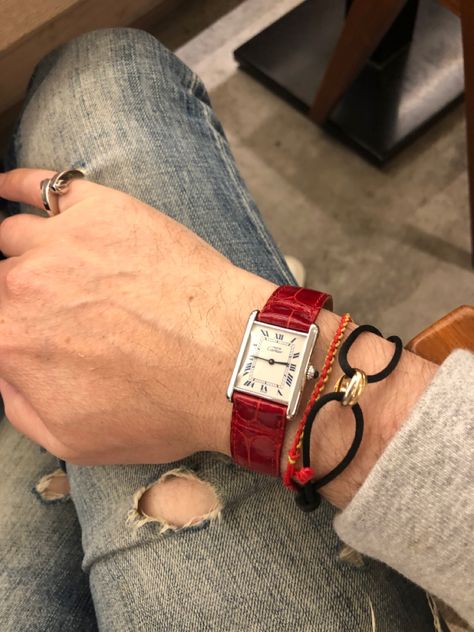 Cartier Red Watch, Cartier Crash Watch Aesthetic, Cartier Trinity Bracelet Cord, Cartier Trinity Bracelet, Trinity Bracelet, Chill Style, Tank Watch, Red Watch, Fancy Watches