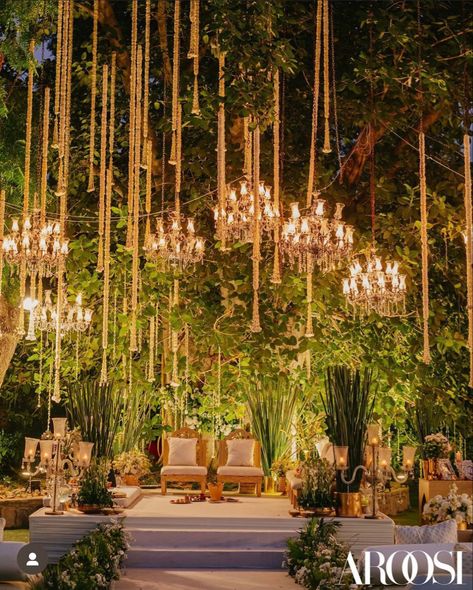 Terrace Mandap Decor, Evening Mandap Decor, Backyard Indian Engagement Party, Wedding Mandap Decoration Outdoor, Engagement Decorations Indian Outdoor, Haldi Wedding Decor, Forest Indian Wedding, Night Wedding Decor Indian, Outdoor Wedding Decorations Indian Night