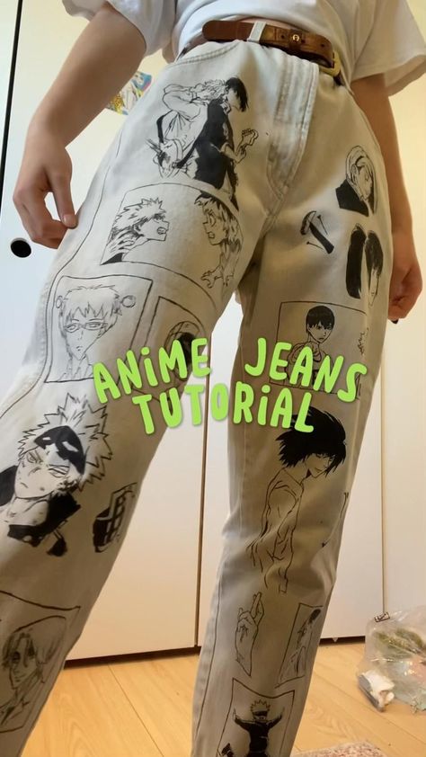 Anime jeans tutorial Design For Jeans Paint, Cloth Painting Tutorial, Anime Painted Clothes, Painting My Jeans, Painting Clothes Tutorial, Clothes Painting Tutorial, Bleach Painting Clothes Anime, Anime Pants Design, Anime Pants Diy