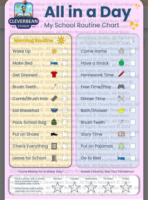 Printable Morning Routine Chart, Evening Checklist, Daily Routine Chart For Kids, Daily Routine Kids, Routine Tracker, Daily Routine Chart, Daily Routine Planner, Chore Chart Template, Morning Routine Checklist