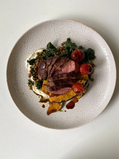 Lamb Backstrap w/ Roasted Pumpkin + Labneh Lamb Backstrap Recipes, Peach Trifle, Lamb Backstrap, Backstrap Recipes, Beef Tri Tip, Marinated Tempeh, Mango Passionfruit, Farm Recipes, Lamb Dinner