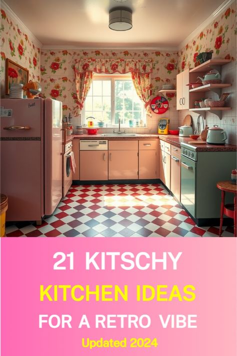 kitschy kitchen inspo Vintage Kitchen Curtains Retro, Retro Kitchen Ideas Vintage, 1960 Kitchen, 70’s Kitchen, Vintage Yellow Kitchen, 1950’s Kitchen, Retro Kitchen Cabinets, Vintage Kitchen Curtains, Kitschy Kitchen Decor