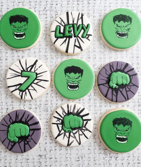 Hulk Cookies Royal Icing, Hulk Birthday Cookies, Hulk Cookies Decorated, Hulk Cookies, Marvel Cookies, Friends Cookies, Specialty Cookies, Cookie Shapes, Hulk Party