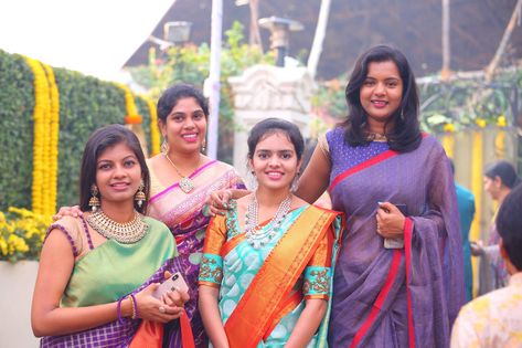 Beautiful third gen daughters-in-law of the Kankatala family - Sowmya, Indu, Sonika and Sindhura.  . . . #Bhogicelebrations #Bhogi2019 #Makarasankranti #Kankatalafamily #Kankatala — with Sowmya Kankatala, Indu Kankatala and Sindhura Kankatala. Fashionable Saree, Minimal Jewellery, Fashionable Saree Blouse Designs, Saree Silk, Saree Models, Orange Blouse, Blouse Designs Latest, Embroidery Blouse Designs, Kids Dresses