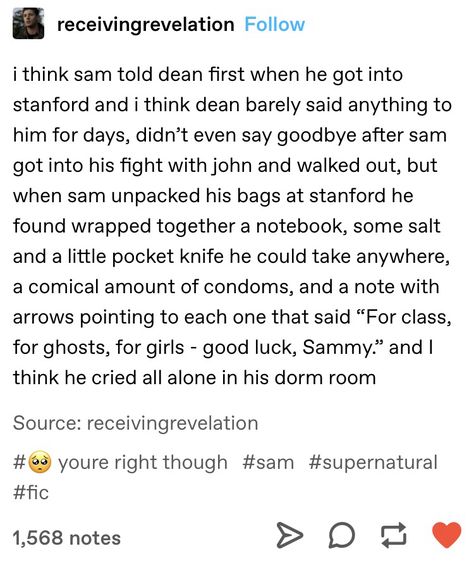 Supernatural Headcanon, Kubo And The Two Strings, Supernatural Fan Art, Supernatural Tv Show, Sam Dean, Supernatural Destiel, Tv Supernatural, Supernatural Memes, Wayward Son