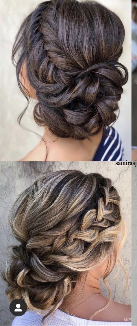 Bride Wedding Day Hairstyles, Up Dos For Medium Hair Braids, Prom Hair Updo Brown Hair, Braids Maids Hair Styles, Bridesmaid Hair Brown Medium Length, Shoulder Length Hair Wedding Updo, Bun With Braid Wedding Hair, Bridesmaid Updo For Long Hair Brunette, Brides Maids Hairstyles Down