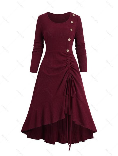 [29% OFF] 2024 Cinched Flounce High Low Knit Dress Mock Button Solid Color Long Sleeve Midi Knitted Dress In DEEP RED | DressLily Simple Frock Design, Women Dress Online, Long Skirt Fashion, Gowns Dresses Elegant, Stylish Short Dresses, Casual Party Dresses, Fall Winter Dresses, Trendy Dress Outfits, High Fashion Outfits