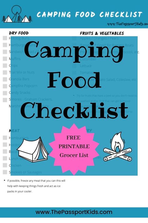 An easy weekend camping food checklist with camping meal plans and printable pdf grocery checklist! Make camping meal planning easy! Includes all food items list, ideas for campsite cooking, and more! #campingfood #campingfoodideas #foodchecklist #campingfoodlist #campingmeals #mealscamping Camping Grocery List Food, Camping Food List Meals, Food List For Camping, Camping Shopping List Food, Weekend Camping Meal Plan, Camping Grocery List, Nonperishable Food List Camping, Camping Pantry, Camping Food Packing