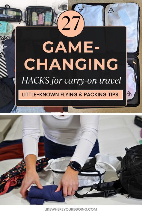 27 Little-Known Carry-on Tips for Flying (+ space saving packing hacks) Carry On Tips And Tricks, Smart Packing Tips Carry On Bag, Flying Packing Tips, Packing For 8 Days In A Carry On, Conference Travel Packing, Flying With Carry On Only, Flying Tips Carry On, 5 Days In A Carry On, Best Way To Pack A Carry On Suitcase