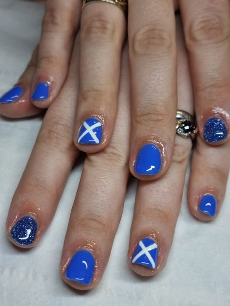 Simple Scottish flag idea Scottish Flag Nails, Scotland Nails Art, Scottish Nail Art, Scottish Nails, Scotland Nails, Christmas Present Nails, Scotland Aesthetic, Scottish Flag, Flag Nails