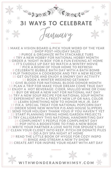 Things To Do On January 1st, 31 Ways To Celebrate January, Ways To Celebrate January, January To Do List, January Fitness Challenge, January Bucket List, January Planning, New Year With Friends, Celebrate January