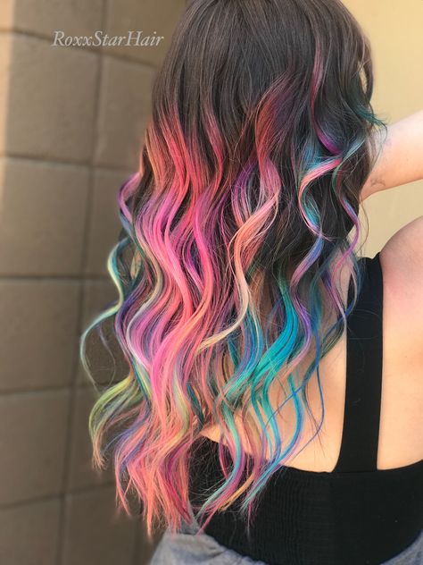 Rainbow Melt Hair, Rainbow Hair For Brunettes, Rainbow Balayage Hair, Rainbow Balayage, Hairstyles And Colors, Celebrities Hairstyles, Baylage Hair, Vivid Hair, Dark Brunette Hair