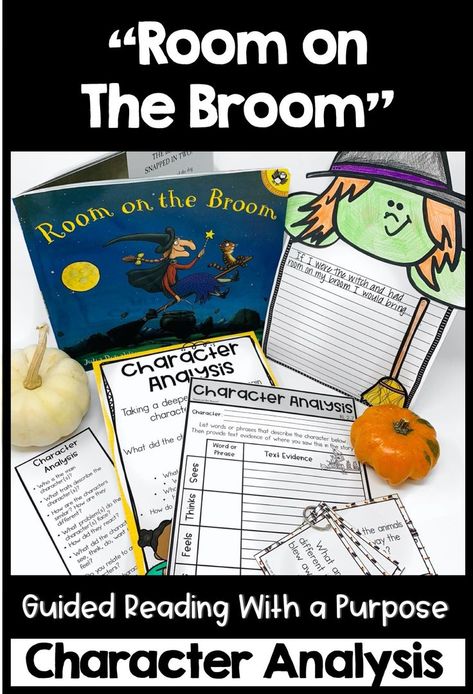 Free Guided reading download focused on the comprehension strategy of character analysis & reviews text connections, retell, character, setting, and problem & solution for the mentor text Room on the Broom. Bring Halloween fun to the classroom through focused & engaging curriculum. Resource includes a craft, writing prompts, graphic organizers, story element posters, anchor chart headers, worksheets, book talk questions, parent connection, morning work activities & lesson plan ideas Halloween Lesson Plans Elementary, Room On The Broom Activities, Halloween Literature, Halloween Reading Activity, Halloween Read Alouds, Character Analysis Activities, Halloween Reading Comprehension, Text Connections, Halloween Classroom Activities