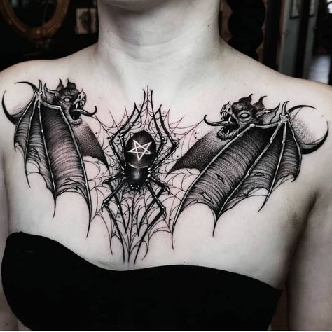 Sternum Tattoos For Women, Sternum Tattoos, Gotik Tattoo, Satanic Tattoos, Throat Tattoo, Goth Tattoo, Chest Tattoos For Women, Chest Piece Tattoos, Creepy Tattoos