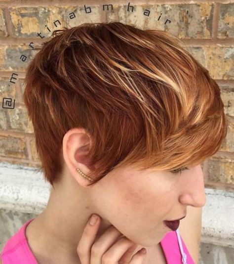 Red Pixie With Blonde Highlights Short Hair With Highlights, Light Auburn Hair Color, Auburn Red Hair, Light Auburn Hair, Auburn Balayage, Red Pixie, Shades Of Red Hair, Blond Ombre, Red Blonde Hair