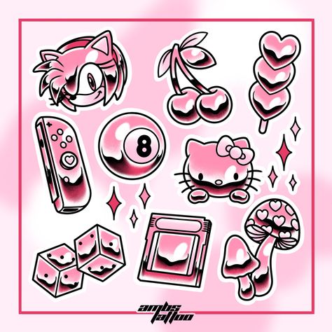 sonic amy rose, cherry, dango, nintendo switch joy-con, magic 8 ball, hello kitty, dice, gameboy, mushrooms chrome tattoo flash designs pink Y2K sanrio cute tattoos for women design ideas inspiration pink aesthetic pinkcore gamer metallic flash sheet Hello Kitty Tattoo Flash Sheet, Nintendo Flash Tattoo, Chrome Tattoo Flash, Video Game Flash Tattoo, Dango Tattoo, Nintendo Switch Tattoo, Pink Tattoo Flash, Chrome Tattoo Designs, Nintendo Tattoo Ideas