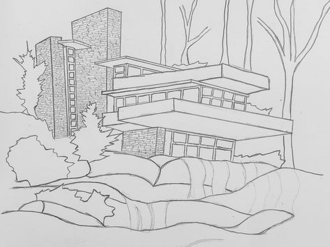 Falling Water House Drawing, Falling Water Sketch, Frank Lloyd Wright Drawings, Falling Water Frank Lloyd Wright, House Design Drawing, Falling Water House, Waterfall House, Ceramic Cafe, Random Drawings