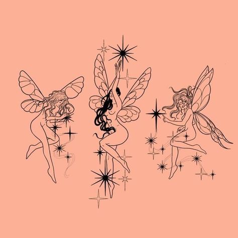 Fairy Tattoo Mushroom, Line Art Fairy Tattoo, Pixie Tattoo Designs, Blackwork Fairy Tattoo, Fairy Garden Tattoos For Women, Fairy With A Knife Tattoo, Edgy Fairy Tattoo, Fairy Tattoo Sketch, 3 Fairy Tattoo