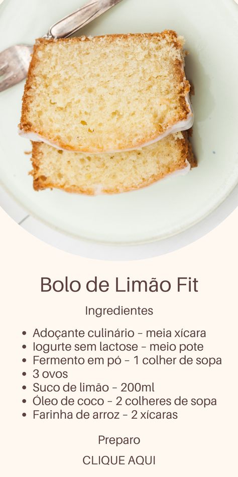 Receita fácil de bolo de limão fit que leva poucos ingredientes. Fácil de preparar e fica fofinho. #bolofit #bolosaudavel #bolodelimaofit #bolodelimaosaudavel #bolo #bolodelimao Confort Food, Health Snacks, Gluten Free Cakes, Culinary Recipes, Fun Cooking, Light Recipes, Clean Recipes, Workout Food, Health Food