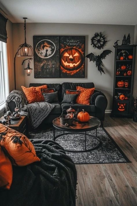 "Transform your living room into a Halloween wonderland with a black and orange theme! 🎃🖤 Perfect for creating a spooky yet cozy space. #BlackAndOrangeDecor #HalloweenLivingRoom #SpookyDecorInspo" Spooky Living Room Ideas, Black And Burnt Orange Living Room, Black And Orange Room, Halloween Theme House, Black And Orange Living Room, Halloween Decorations Living Room, Spooky Living Room, House Room Design, Witchy Living Room