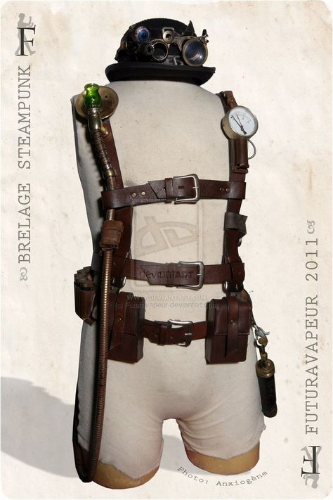 Steampunk Harness by ~Futuravapeur on deviantART Steampunk Belt Bag, Mad Max Costume, Steampunk Armor, Harness Outfit, Fantasy Armour, Larp Props, Seductive Photos, Steampunk Lamp, Steampunk Accessories