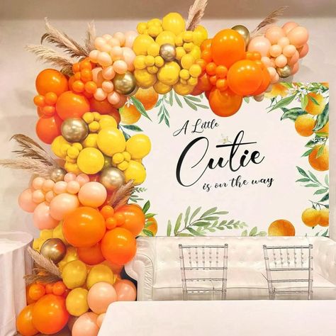 Orange And Yellow Decorations, Little Cutie Baby Shower Balloon Arch, Yellow Orange Balloon Garland, Orange And Yellow Party, Orange Birthday Theme, Orange Theme Birthday Party, Orange Baby Shower Theme, Cutie Orange Baby Shower Theme, Little Cutie Baby Shower Theme