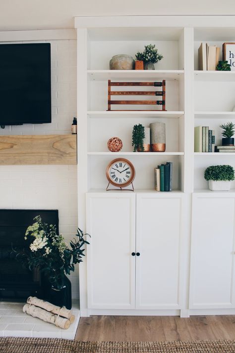 IKEA HACK: OUR BUILT INS — RHIANNON LAWSON HOME Billy Bookcase Built Ins, Ikea Built In, Billy Bookcases, Living Room Built Ins, Ikea Living Room, Ikea Billy Bookcase, Ikea Billy, Billy Bookcase, Diy Ikea