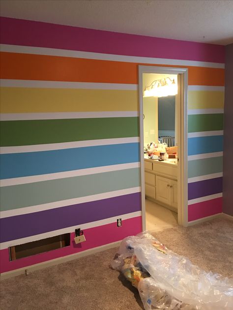 Rainbow Feature Wall, Rainbow Paint Wall, Rainbow Accent Wall Girl Rooms, Rainbow Room Paint, Rainbow Geometric Wall, Geometric Wall Paint Rainbow, Rainbow Boys Room, Rainbow Accent Wall, Rainbow Mural Kids Room Diy