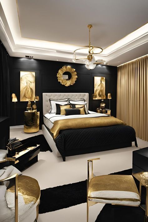 Black White Interior Design Living Room, Black White Gold Home Decor, Black Gold Interior Design, Black And Gold Bedroom Ideas, Black White And Gold Bedroom, Black And Gold Bedroom, Black Gold Bedroom, Gold Bedroom Ideas, Glam Bedroom Decor