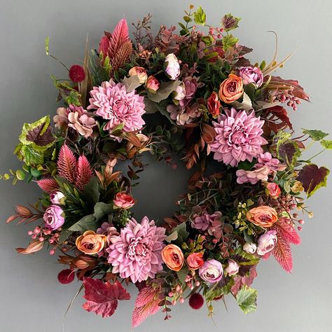 MARTHA Autumn wreaths don’t always have to be orange, like this one combined with dusky pink dahlias, deep berries and pink heathers. Keeping the traditional Autumn vibe with a twist! Make it yours today. Details in comments. #pinkautumnwreath #autumnwreathwithatwist #autumnwreath #frontdoorwreath #wreathsofdurham #floristofdurham #prettybusyblooms Pink Dahlias, Dusky Pink, Autumn Wreaths, Wreaths For Front Door, Fall Vibes, Dahlia, Make It, Heathers, Twist