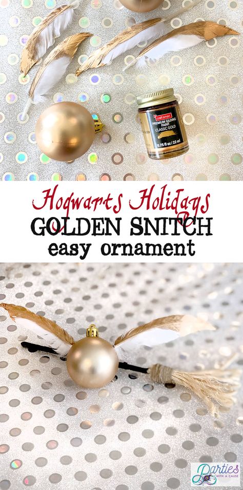 Want to try a Harry Potter themed Christmas this year? try these fun DIY Christmas decorations your kids will love. Great Dollar Store supplies make a simple golden snitch and wizard broom. More Holidays at Hogwarts Christmas theme ideas at PartiesWithACause.com #christmasornament #diychristmas #diyornament #harrypotter #goldensnitch Golden Snitch Ornament, Harry Potter Theme Christmas, Harry Potter Christmas Diy, Hogwarts Halloween, Harry Potter Themed Christmas, Hp Christmas, Book Decorations, Barre Exercises, Harry Potter Christmas Ornaments