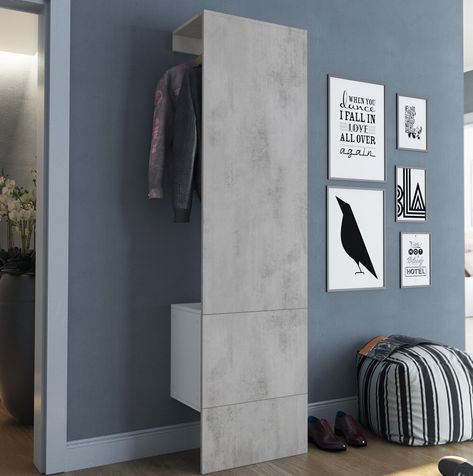 Features:Wall-mounted coat rack with a coat hanger and 2 compartments behind the recessed doorDoor with handle-free, push-to-open technologyColour (Colour: Glossy black): Glossy blackColour (Colour: White (glossy)): White (glossy)Colour (Colour: Glossy sand-grey): Glossy sand-greyColour (Colour: Glossy grey): Glossy greyColour (Colour: Cream): CreamColour (Colour: Rough-cut oak colours): Rough-cut oak coloursColour (Colour: Avola anthracite): Avola anthraciteColour (Colour: Nordic oak colours): Hallway Unit, Entryway Coat Rack, Hall Trees, Home Entry, Wood Storage Bench, Home Library Design, Office Design Ideas, Concrete Color, Colour Colour