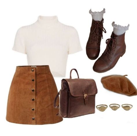 Leather Skirt Brown Outfit, Brown Jean Skirt Outfits, White Shirt Brown Skirt, Brown Skirt Fall Outfit, Brown Short Boots Outfit, Brown Short Skirt Outfit, Brown Beret Outfit, Light Brown Skirt Outfit, Short Brown Boots Outfit