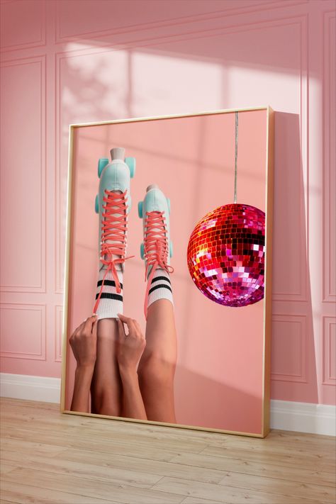 a wooden frame leaning against light pink walls. The art in the frame has a pink background with a woman's legs wearing roller skates with pink laces and a pink disco ball to the side. Late Summer Aesthetic, Disco Ball Wallpaper, Disco Ball Art, Disco Ball Decor, Cowgirl Disco, Disco Art, Ball Wallpaper, Wallpaper Fall, Disco Cowgirl