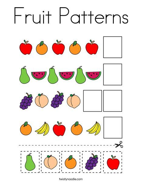 Fruit Patterns Coloring Page - Twisty Noodle Preschool Pattern Activities, Preschool Patterns, Ab Patterns, Kids Vegetables, Twisty Noodle, Pattern Worksheet, Fruit Coloring Pages, Pattern Activities, Pattern Coloring Pages