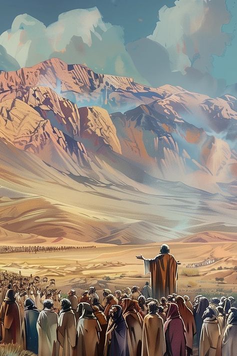 Moses addresses the Israelites on the plains of Moab beyond the Jordan. (AI image: FFOZ) Biblical Illustrations, Cool Colorful Backgrounds, Book Of Deuteronomy, Torah Study, Christian Illustration, Ancient Names, Drawing Scenery, Bible Readings, The Torah