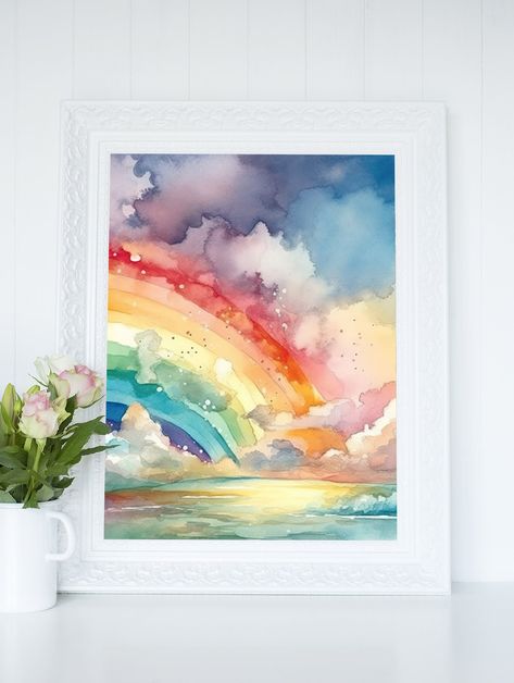 "Introducing our beautiful watercolor rainbow field illustration perfect for adding a touch of relaxing nature to your home. This stunning watercolor illustration of a Rainbow next to fluffy clouds, creates a soft, dreamy feel that will transport you to a peaceful state of mind. A perfect gift for nature lovers, cloud watchers, kids, explorers, hikers and those who love nature inspired art. Our digital download is available in multiple sizes, making it perfect for a variety of spaces. You can print it at home on high-quality paper or take it to a local print shop for the perfect finish.  Each download includes at least 6 high-quality files that can be printed in the following sizes: ⦁ A 2:3 aspect ratio file to print sizes: 4x6\", 6x9\", 8x12\", 10x15\", 12x18\", 16x24\", 20x30\", 24x36\" Watercolor Paintings Rainbow, Watercolor On Canvas Tutorials, Rainbow Drawing Ideas Beautiful, Rainbow Oil Painting, Soft Pastel Abstract Art, Watercolor Feelings, Easy Watercolor Paintings For Kids, Kids Watercolor Painting Ideas, Rainbow Art For Kids