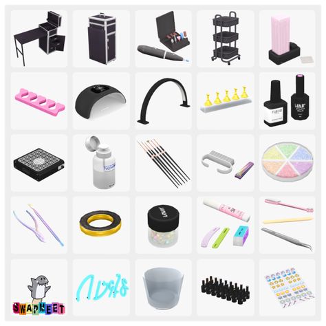 The Nail Art set is FREE for everyone, today!! Sims 4 Nail Salon, The Sims 4 Nails, Cc Nails, Sims 4 Nails, Nail Polish Shelf, Nail Salon Furniture, Play Sims 4, Nail Salon Decor, Nail Art Set