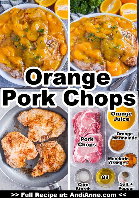 These orange pork chops are cooked in a frying pan and topped with a delicious orange sauce made from orange juice, orange marmalade and canned mandarin orange slices. Together they create a deliciously sweet and tangy dinner recipe for any day of the week. Orange Juice Marinade For Pork, Orange Pork Chop Recipes, Orange Marmalade Pork Chops, Orange Pork Chops, Easy Pork Chop Marinade, Orange Pork, Pork Chops And Sauerkraut, Brine For Pork, Pork Chop Brine