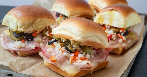 Football Party Snacks, Garden Fairy Party, Muffaletta Sandwich, Muffuletta Sandwich, Deli Ideas, Sliders Recipes, Creole Mustard, Mardi Gras Ball, Appetizer Sandwiches