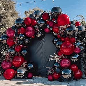 Burgundy And Black Balloon Garland, Black And Burgundy Birthday Decorations, Red And Black Decorations Party, Black And Red Party Decorations, Burgundy Balloon Garland, Rip 30s, Black Balloon Arch, Double Stuffed Balloons, 30th Birthday Party Themes